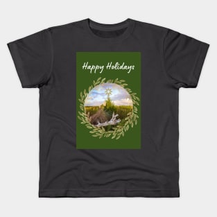 Happy Holidays - Rustic Evergreen and Gold Leaves Kids T-Shirt